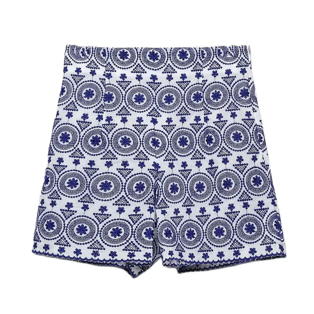 Short en coton bleu taille haute pour femmes