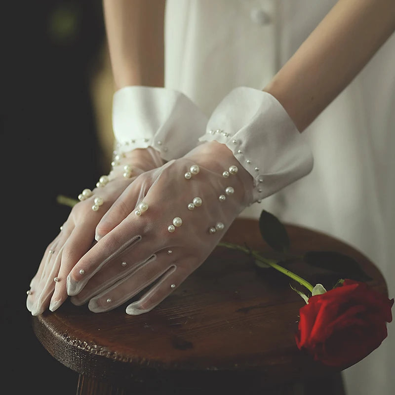 Gants de mariée élégants en Satin, perles blanches en Tulle, bord à volants