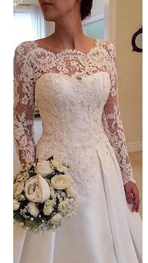 Robe de mariée trapèze classique à manches longues, dos nu, col rond transparent