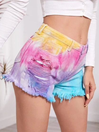 Short déchiré en jean pour femme, Hipster, teinture par nouage