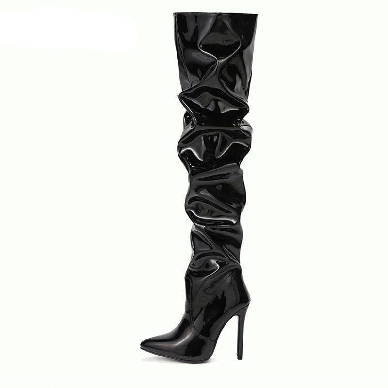 Cuissardes mode en cuir verni bout pointu fermeture éclair pour femmes