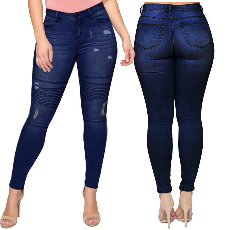 Jean déchiré bleu foncé pour femmes, pantalon crayon