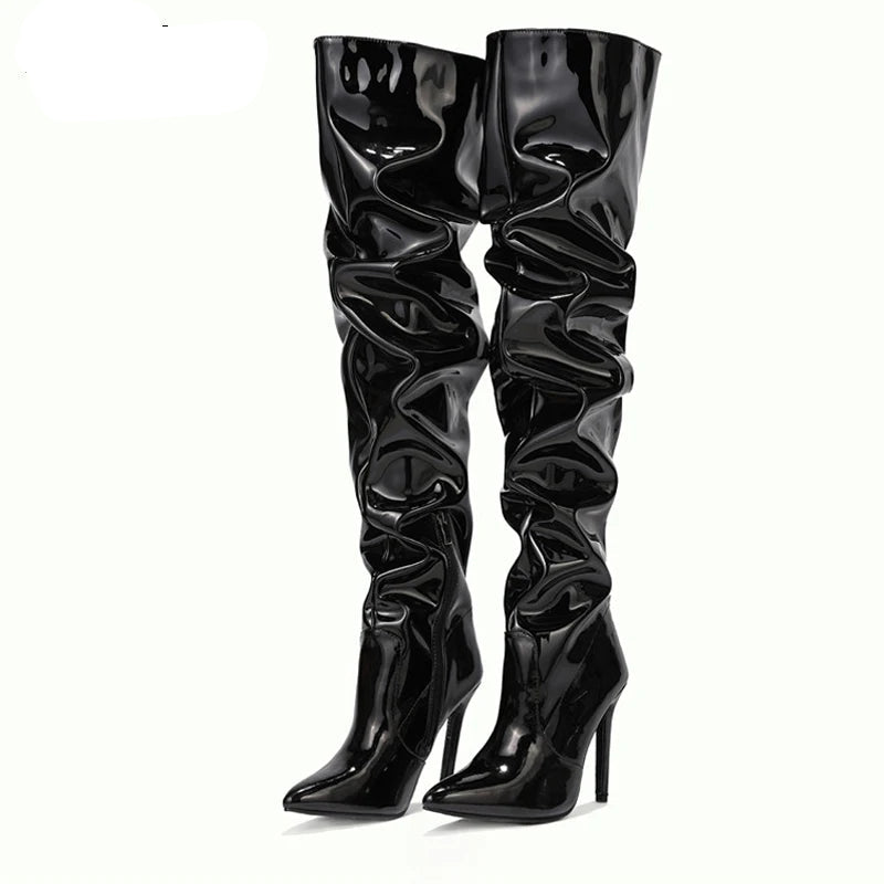 Cuissardes mode en cuir verni bout pointu fermeture éclair pour femmes