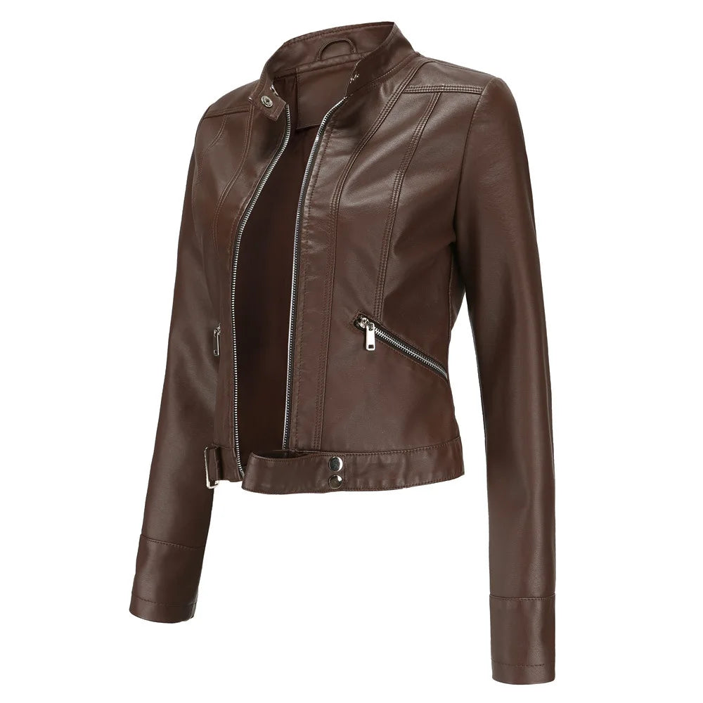 Blouson court en cuir PU femme, col montant, résistant