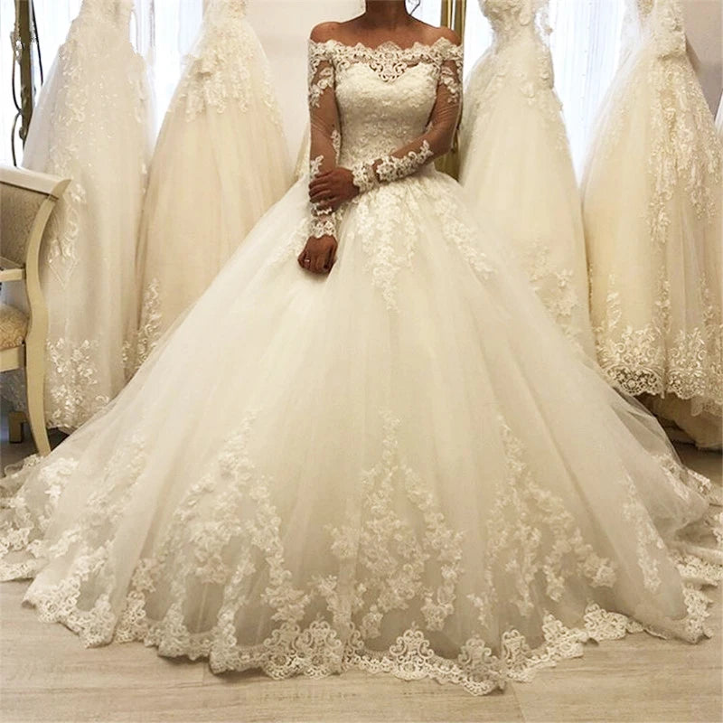 Col bateau robe De bal robe De mariée manches longues à lacets dos Tulle dentelle appliques