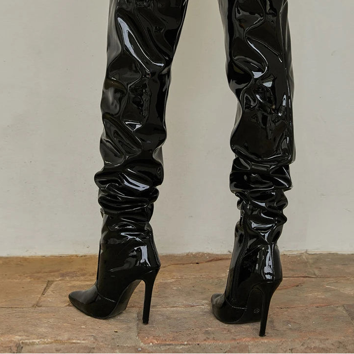 Bottes de moto en cuir verni plissé de haute qualité pour femmes