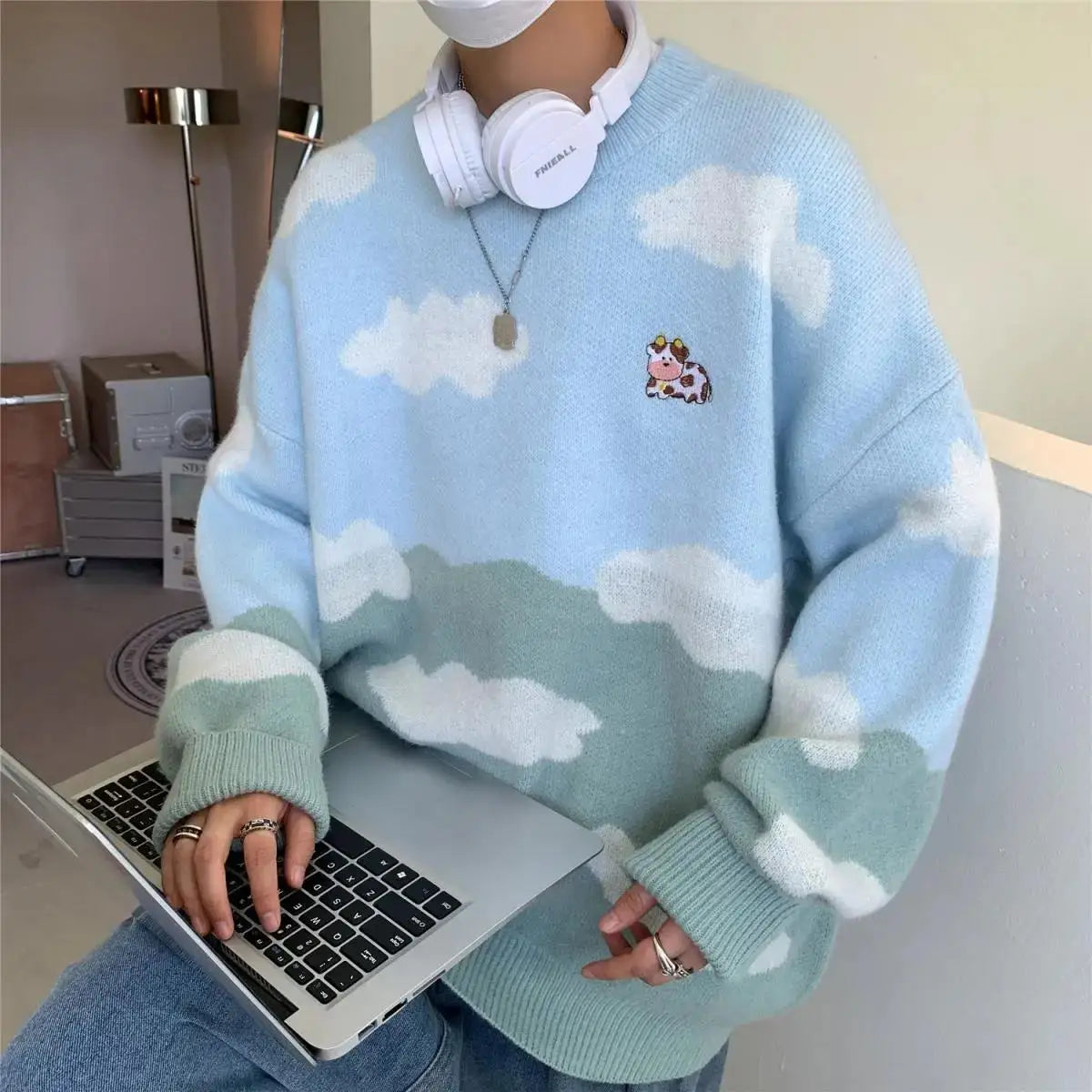 Pull tricoté pour femmes, bleu ciel, mignon, imprimé vache, nuages