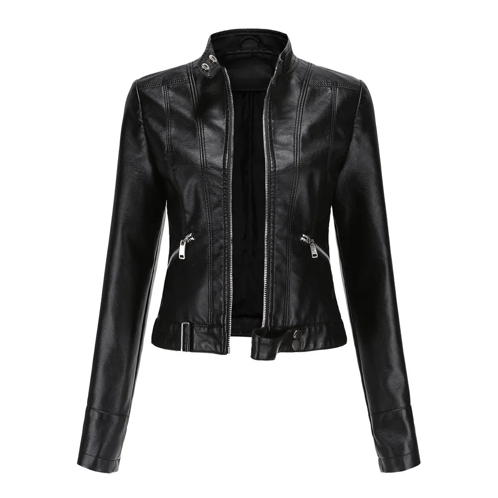 Blouson court en cuir PU femme, col montant, résistant