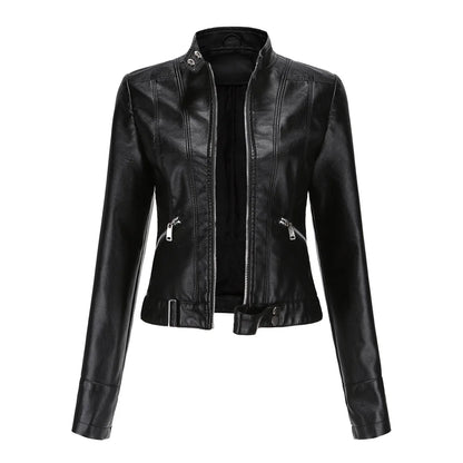 Blouson court en cuir PU femme, col montant, résistant