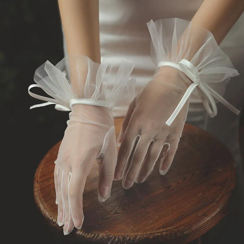 Gants courts en Tulle pour femmes, élégants, pour mariée, blancs, respirants, avec nœud,