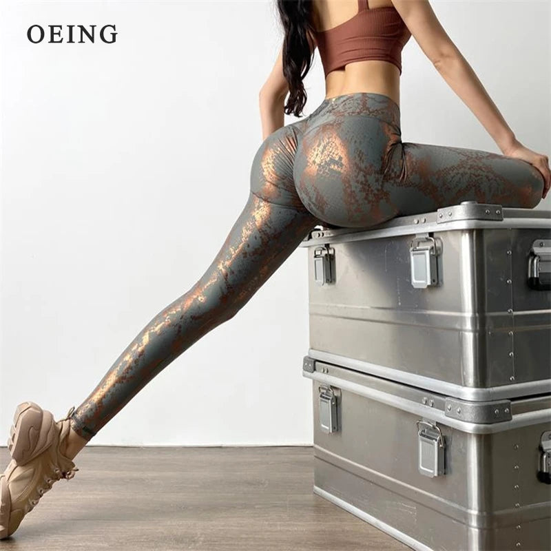 Leggings élastiques à paillettes imprimé serpent pour femmes