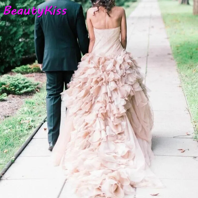 Robe De mariée rose, robe De mariée longue, sans bretelles, jupe bouffante à volants, en Tulle