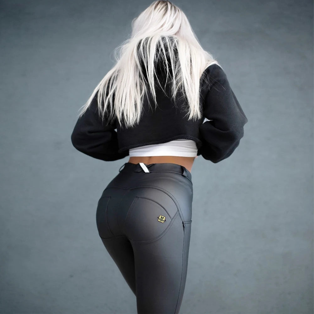 Leggings push-up en cuir PU pour femmes,