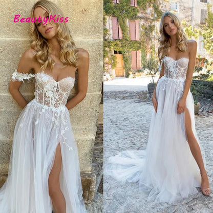 Robe de Mariée Trapèze en Dentelle avec Appliques Modestes, Sexy, Fendue sur le Côté, Style Boho