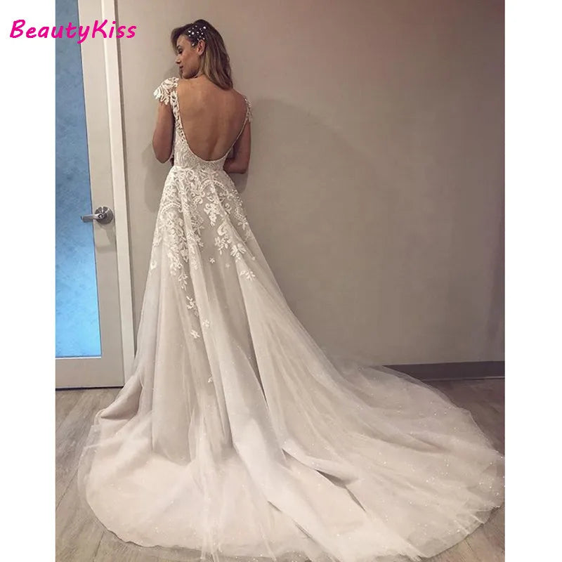 Robe De mariée trapèze Sexy, dos nu, en Tulle perlé scintillant, décolleté en v profond, avec des Appliques