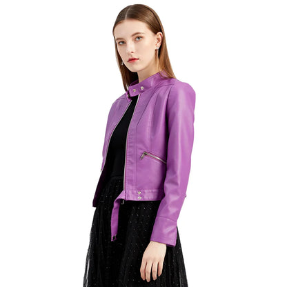 Blouson court en cuir PU femme, col montant, résistant