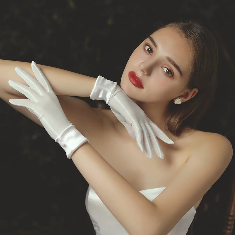 Gants de mariée courts pour femmes, simples, en Satin lisse, en Tulle, blancs