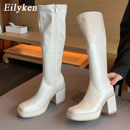 Bottes pour femmes talon carré bout rond fermeture éclair