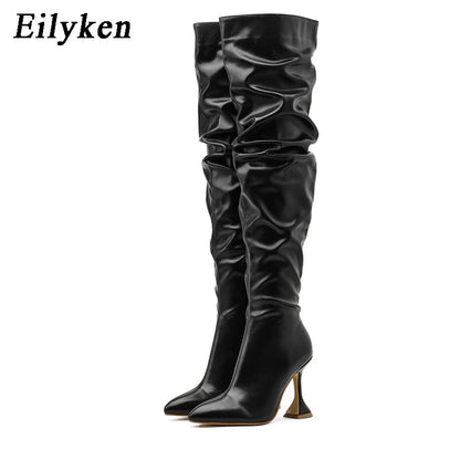 Bottes au genou plissé en cuir talons hauts Sexy bout pointu Zip pour femmes