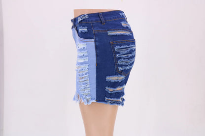 Short en jean déchiré élastique pour femme, taille haute