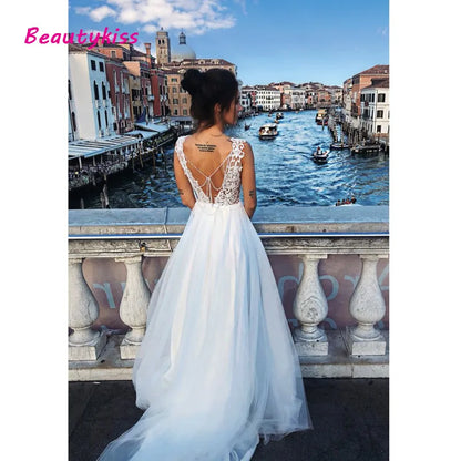 Robe de mariée trapèze en dentelle, Sexy, col en v, longue, en Tulle, avec traîne