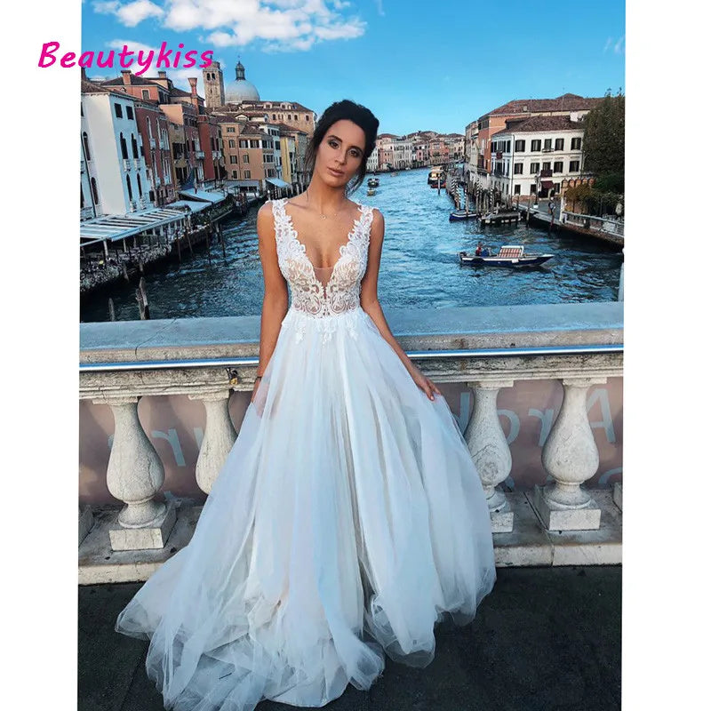 Robe de mariée trapèze en dentelle, Sexy, col en v, longue, en Tulle, avec traîne