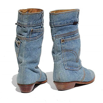 Bottes en denim à talons bas pour dames, bottes décontractées