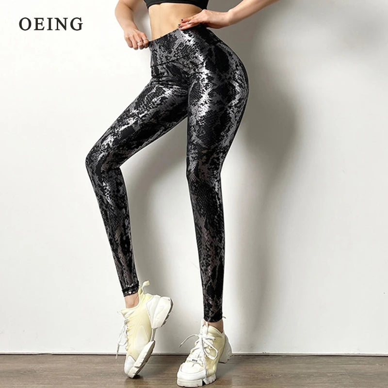 Leggings élastiques à paillettes imprimé serpent pour femmes