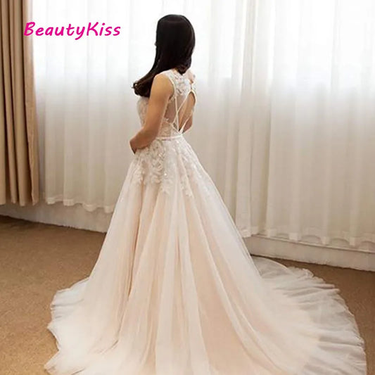 Robe De mariée Sexy en dentelle et Tulle, col en v, dos ouvert, ligne a, sans manches, avec des Appliques, avec traîne De balayage