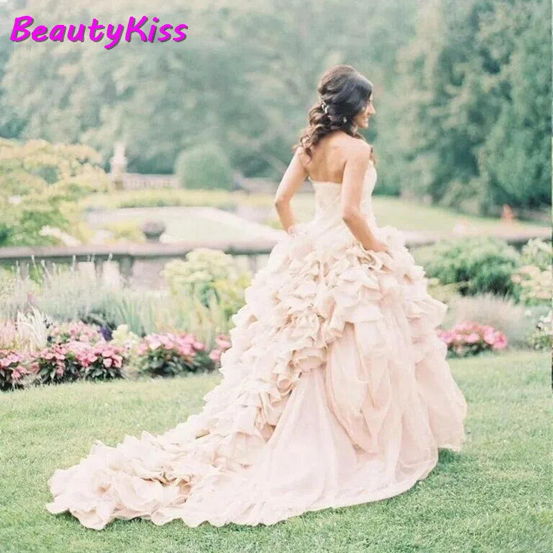 Robe De mariée rose, robe De mariée longue, sans bretelles, jupe bouffante à volants, en Tulle