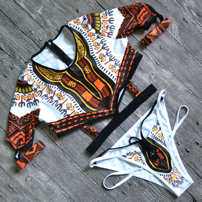 Maillot de bain deux pièces imprimé africain pour femmes, bikini à manches courtes, coupe haute