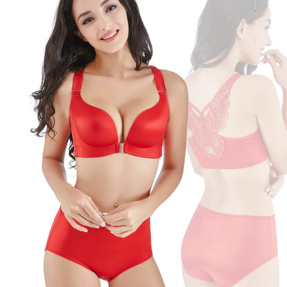 Ensemble soutien-gorge et culotte grande taille pour femmes, sans armature, fermeture frontale