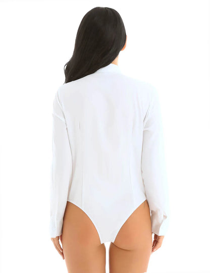 Body pour femmes et filles, col en V, une pièce, col rabattu, manches longues, boutonné,