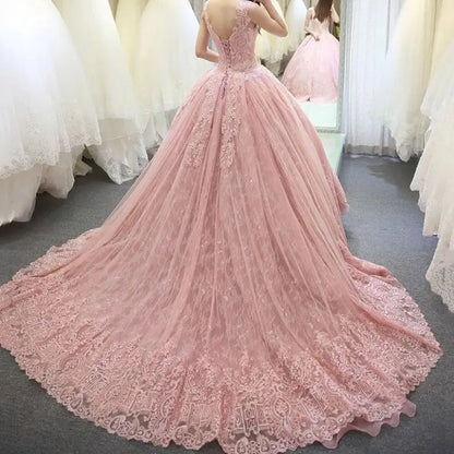 Robe de mariée princesse rose, sans manches, en dentelle appliquée