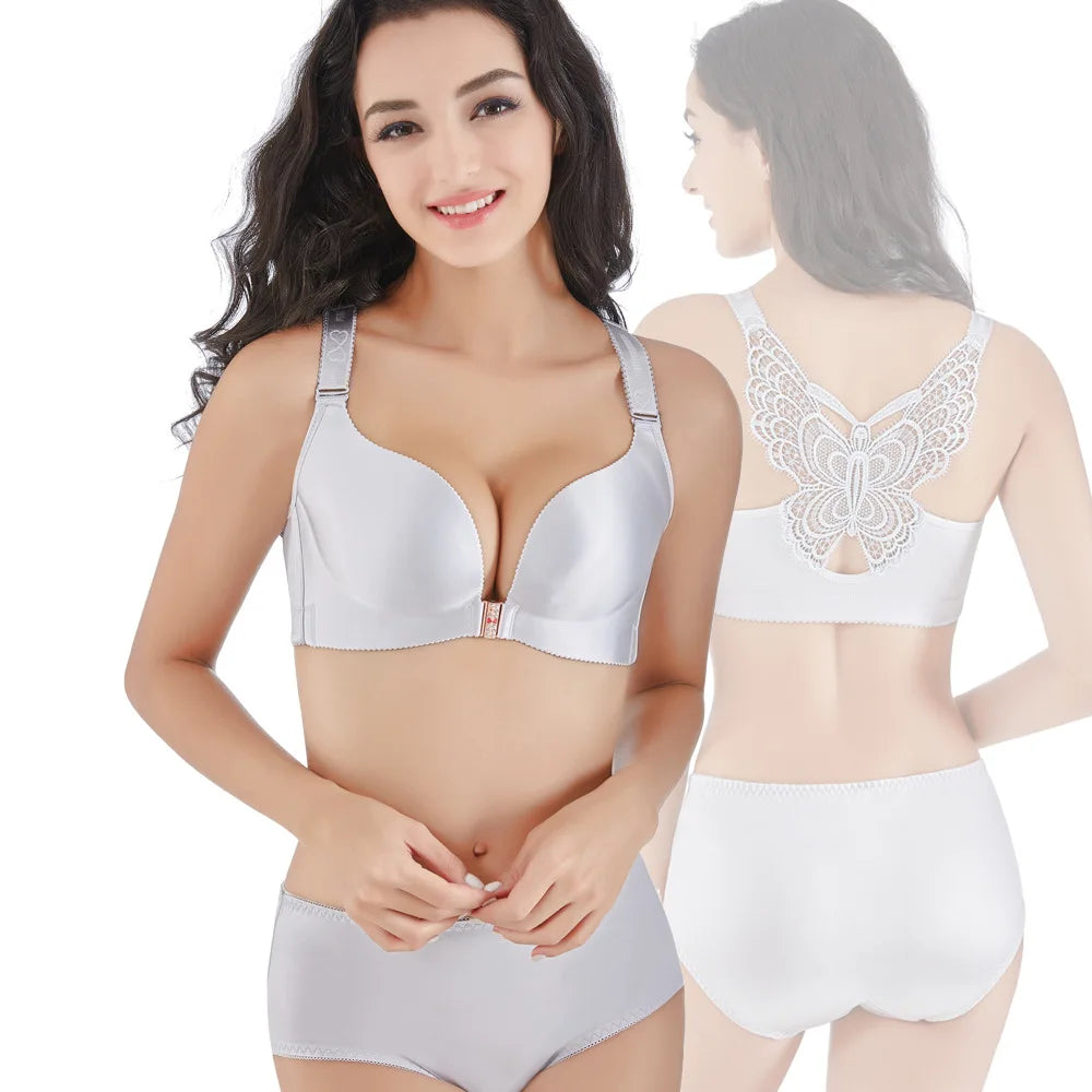 Ensemble soutien-gorge et culotte grande taille pour femmes, sans armature, fermeture frontale