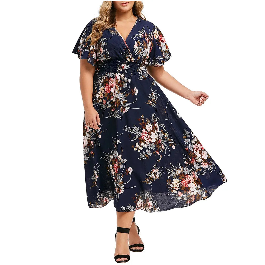 Robe Maxi florale pour femmes, col en v, style bohème