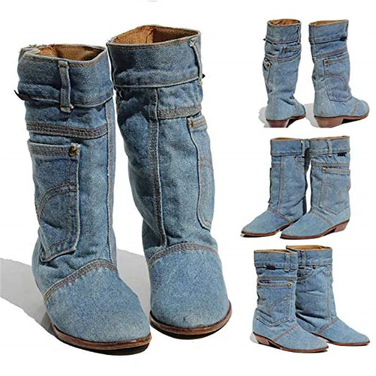 Bottes en denim à talons bas pour dames, bottes décontractées