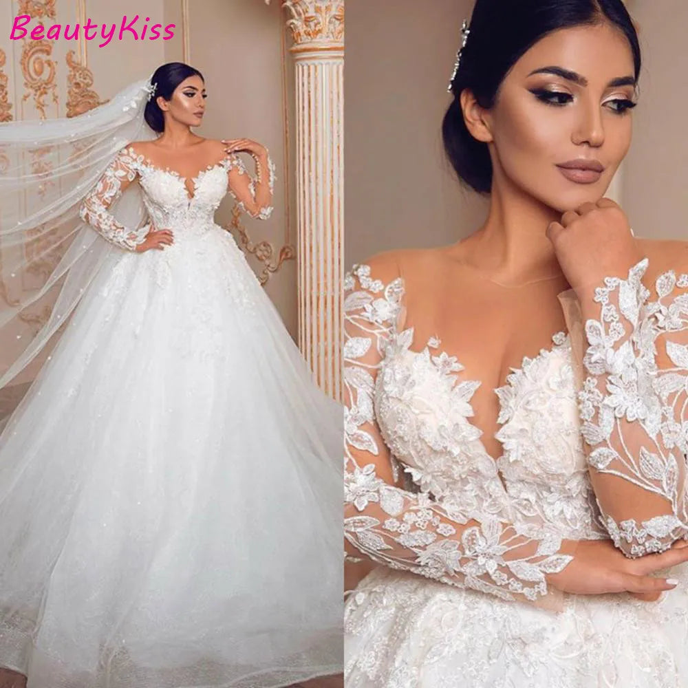 Robe de mariée moderne et romantique, magnifique robe de mariée en Tulle transparent à manches longues avec des appliques en dentelle