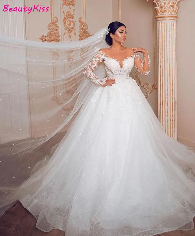 Robe de mariée moderne et romantique, magnifique robe de mariée en Tulle transparent à manches longues avec des appliques en dentelle