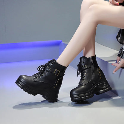 bottines en cuir pour femmes, compensées 9cm pour femmes