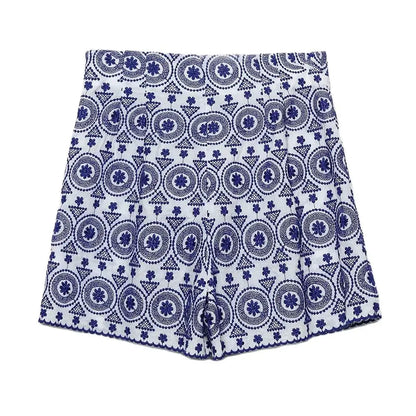 Short en coton bleu taille haute pour femmes