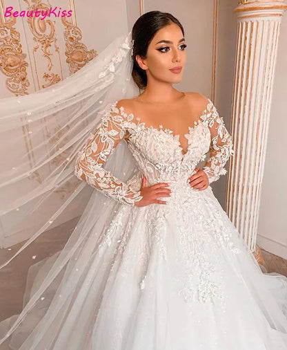 Robe de mariée moderne et romantique, magnifique robe de mariée en Tulle transparent à manches longues avec des appliques en dentelle