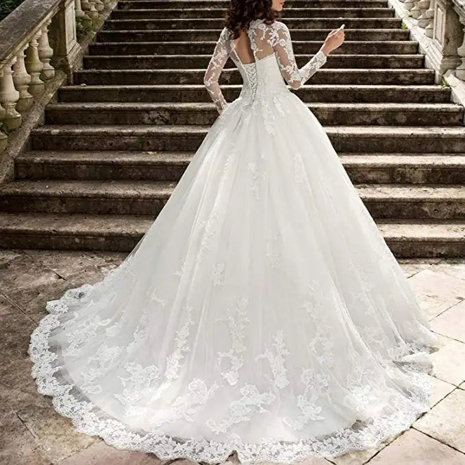 Robe de mariée de luxe à longue queue, robe de mariée d'illusion à manches longues