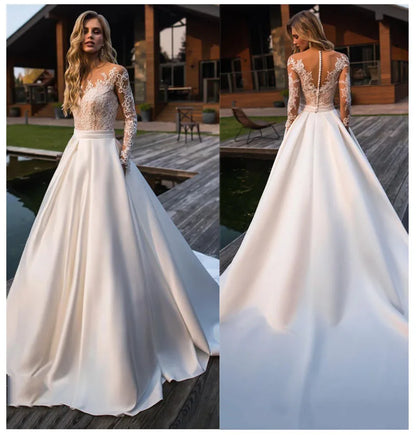 Robe de mariée Vintage à manches longues avec poches, col rond, ligne a, en dentelle, en Satin, boutonnée au dos, avec traîne Court