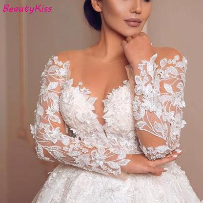 Robe de mariée moderne et romantique, magnifique robe de mariée en Tulle transparent à manches longues avec des appliques en dentelle