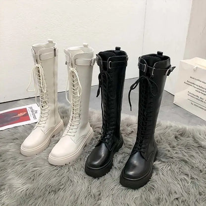 Bottes hautes à talons carrés épais pour femme à lacets