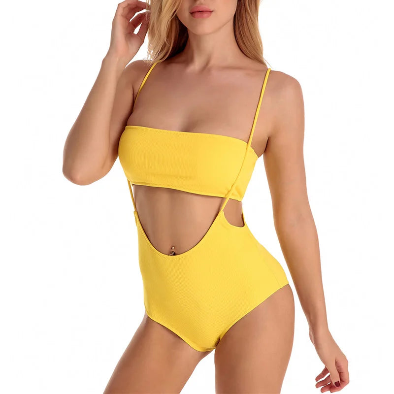 Maillot de bain deux pièces côtelé femmes coupe haute Monokini string