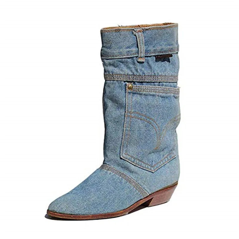 Bottes en denim à talons bas pour dames, bottes décontractées