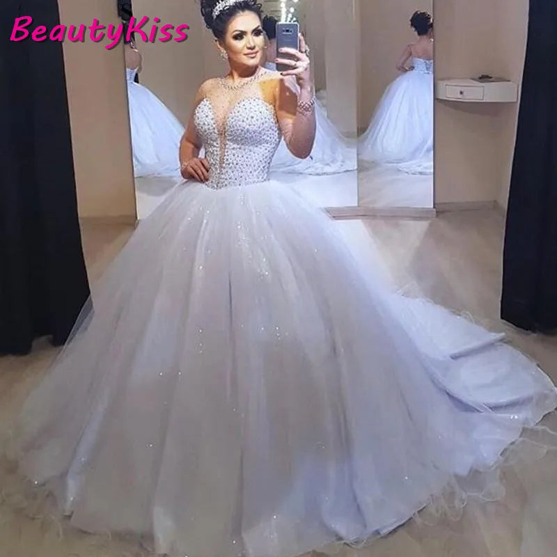 Nouveauté perles de cristal robe de bal robes de mariée dubaï saoudien arabe Illusion cou gonflé Tulle