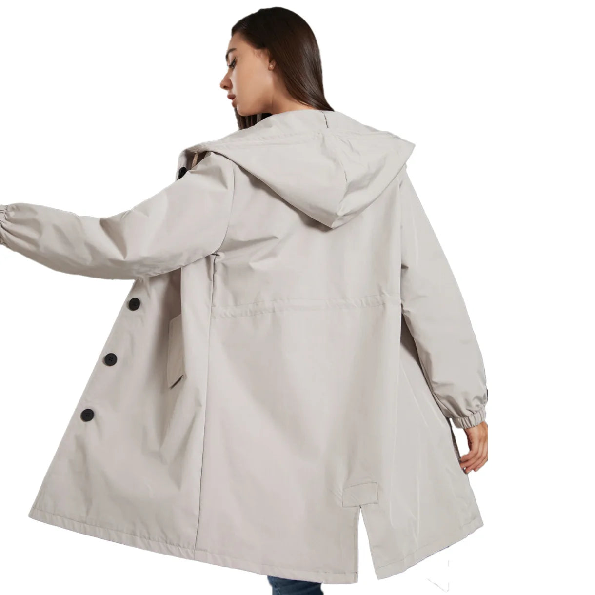 Coupe-vent à capuche pour femme, manteau long, poche